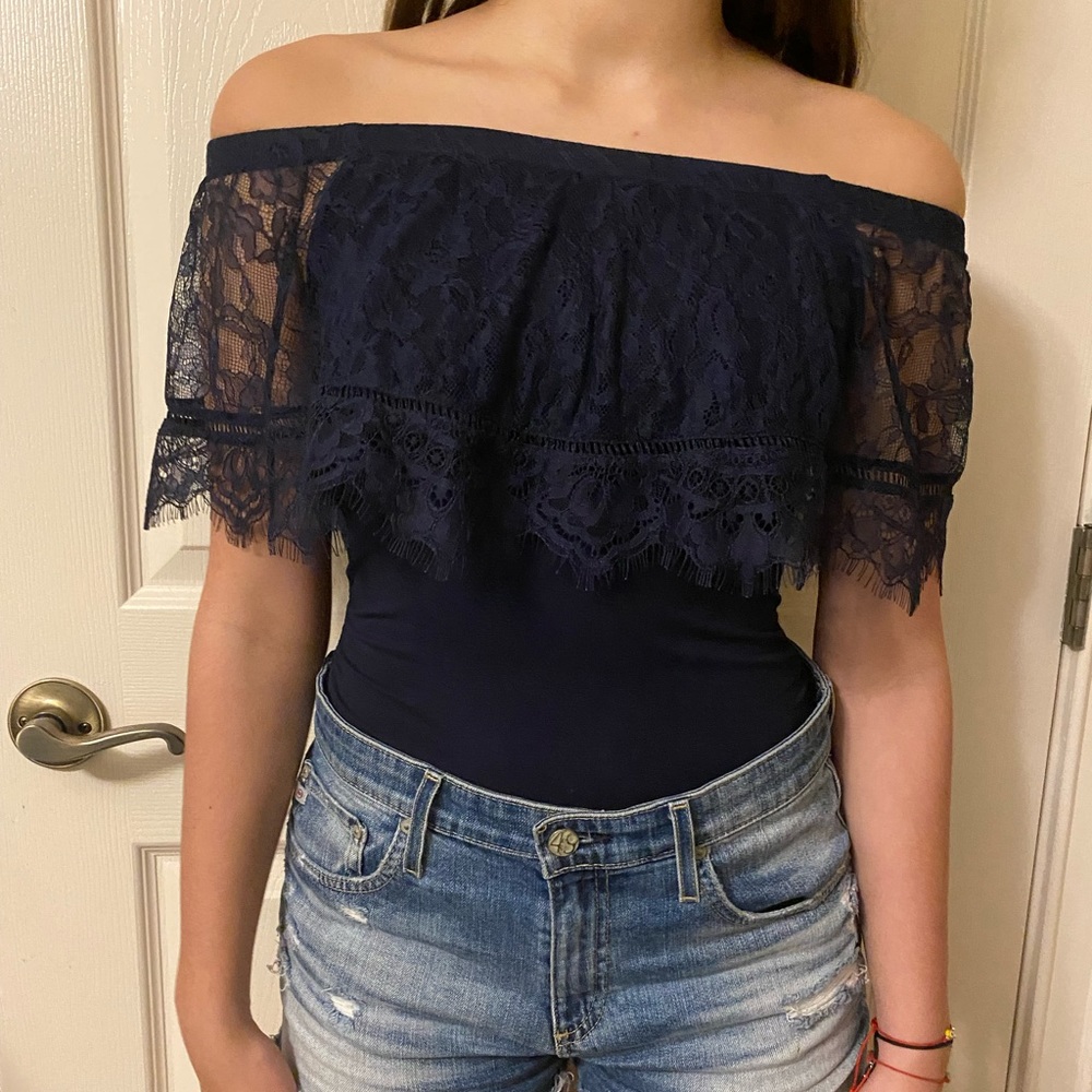 Navy off the shoulder lace WhiteHouseBlackMarket top